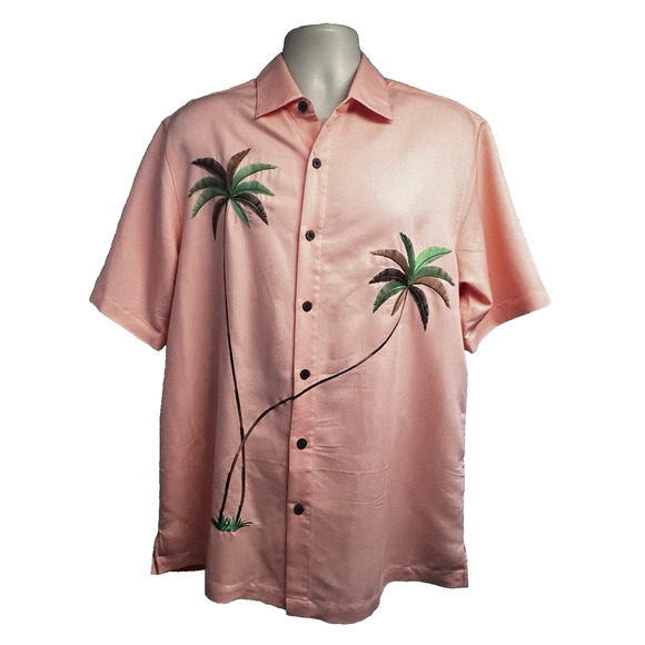 Caribbean Hawaiian Tropical Floral Embroidered Palm Trees Button Up Shirt Large - Picture 1 of 8
